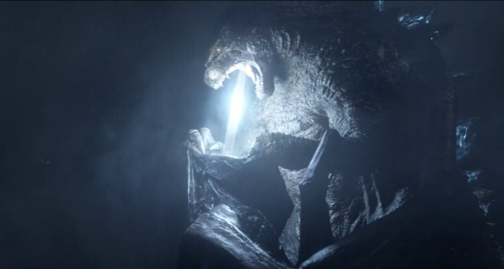 体型小的雄性穆托被哥斯拉一个甩尾,钉在了楼体之上,并命丧当场.