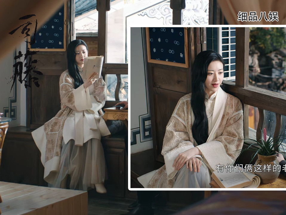 棉麻质感的镂空外衣,半长旗袍,同色系纱裙,脚踩光面高跟鞋,这样的司藤