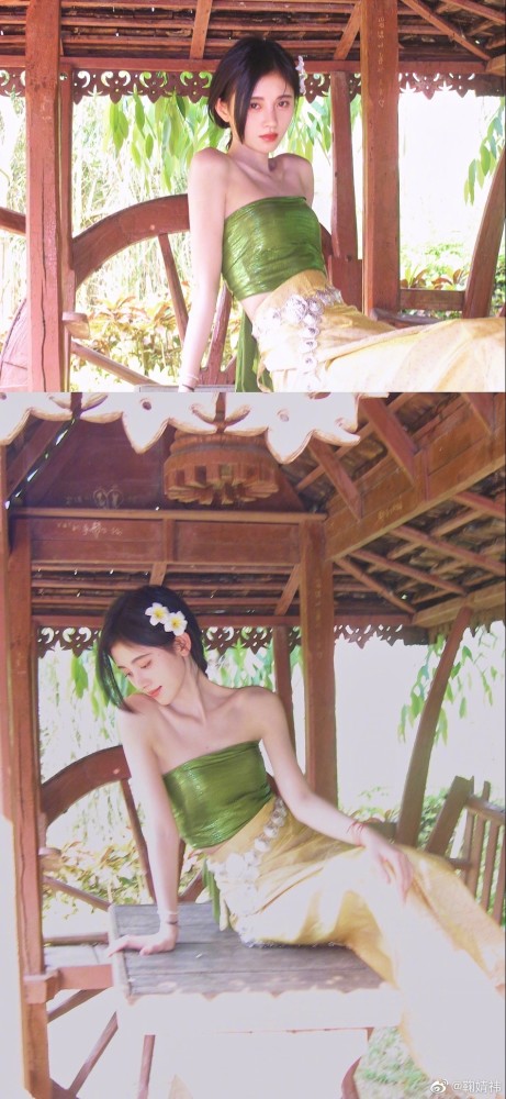 提前过夏天鞠婧祎傣族装扮大秀香肩