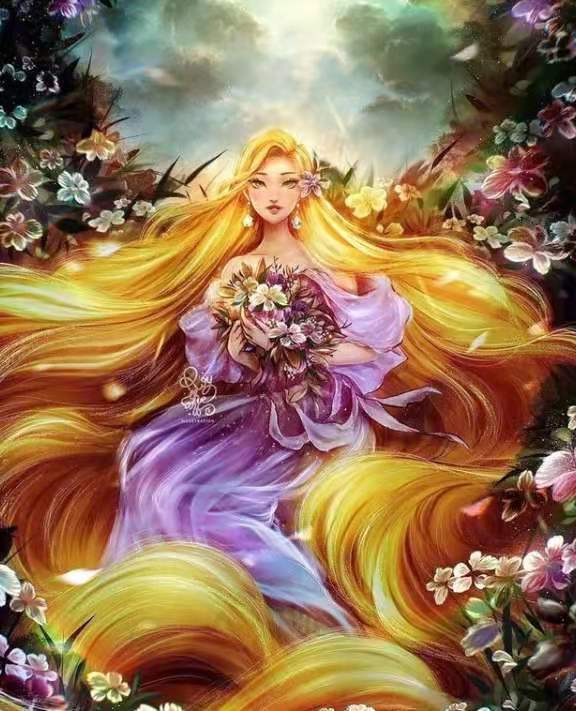 长发公主》,她因为在母胎的时候吸收了魔女的魔花力量,头发变成了金色