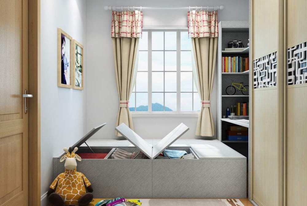 浅灰色榻榻米床和墙壁融为一体,窗帘和衣柜也颇为和谐,看起来十分舒适