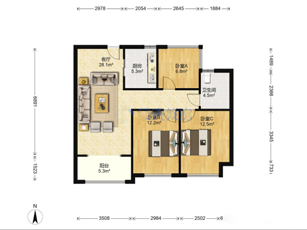 户型图坐标江苏南京,这是一套仅有套内面积70平米小三房,全屋都是屋主