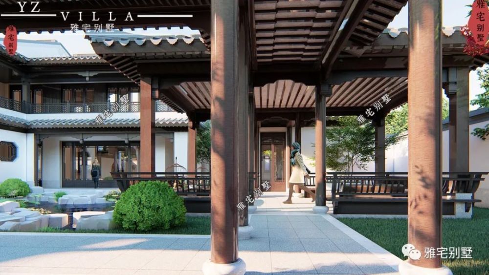 【江西民宅】31x36米,江西两层中式合院别墅,两进入户,连廊水景相伴