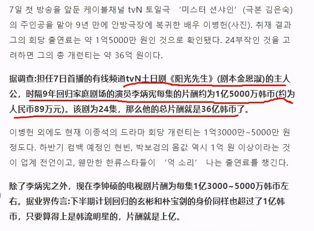 这在韩国演艺圈属于演员有史以来拿到的最高电视剧片酬了,这在韩网上