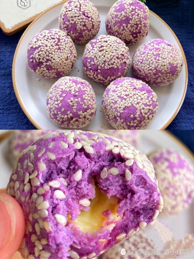 秘超拉丝巨好吃会爆浆的芝士紫薯球超拉丝的紫薯球裹上芝麻真的超香