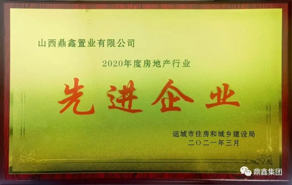 山西鼎鑫置业有限公司荣获"2020年度房地产先进企业"称号