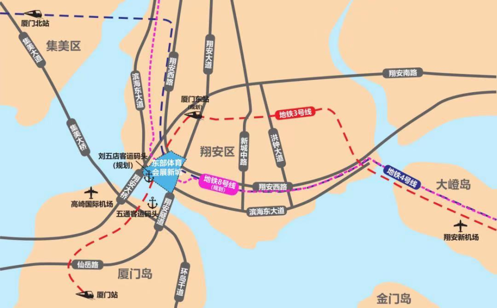 大桥),翔安南路,滨海东大道等主干路网纵横交错,地铁3,4,8号线(规划)