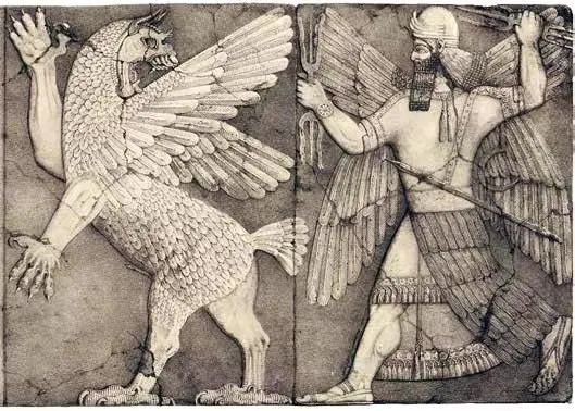 一幅浅浮雕,其上画面描述的是马尔杜克神战胜了生活在海中的提亚玛特