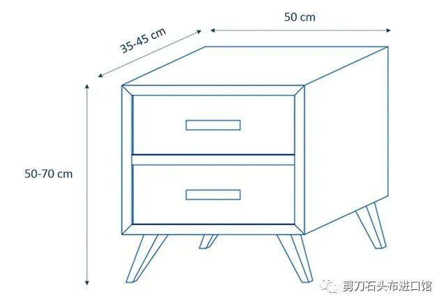 一般床头柜宽50cm左右,深度35