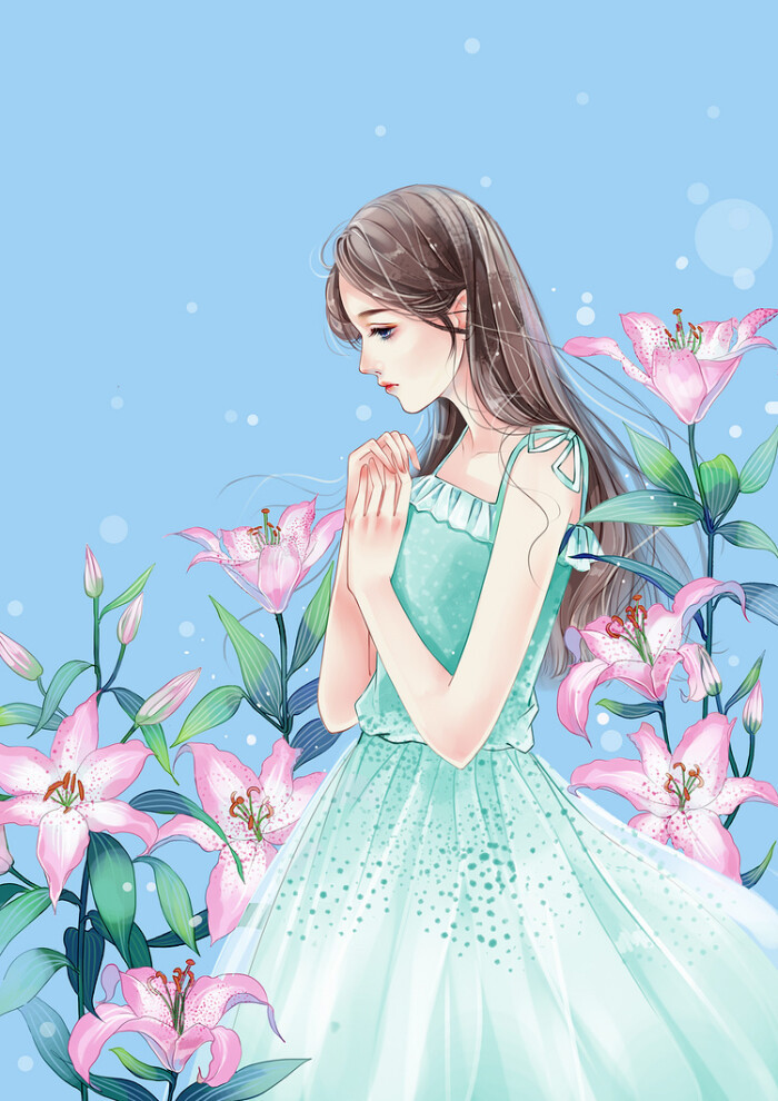 美麗插畫花朵漂亮女孩圖片背景