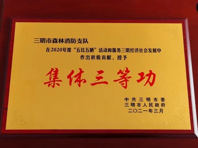 福建省森林消防总队三明支队被三明市委市政府荣记集体三等功!