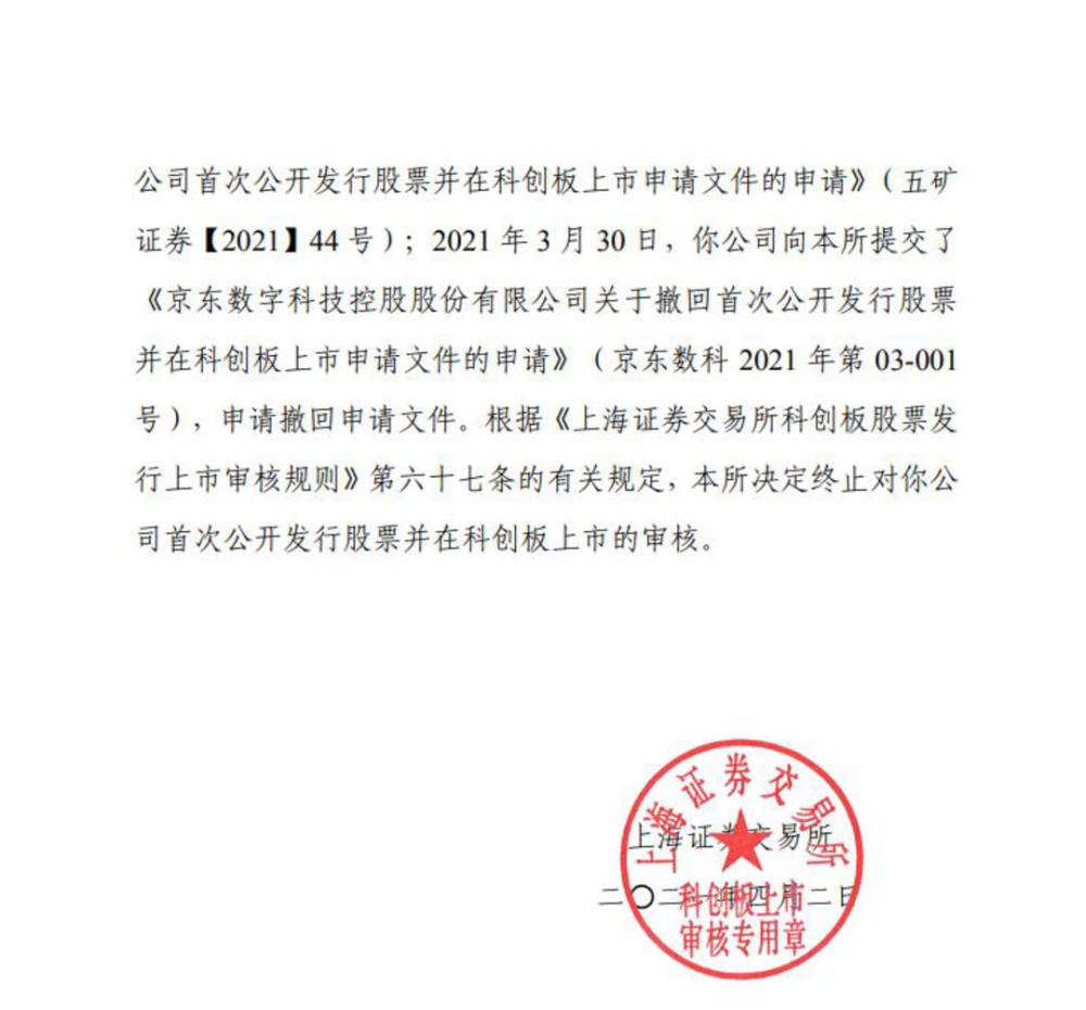 上交所终止京东数科上市审核