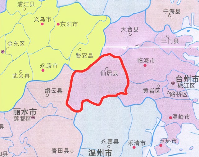 金华四市交汇处中心,县境东邻临海市,黄岩区,南接永嘉县,西交缙云县