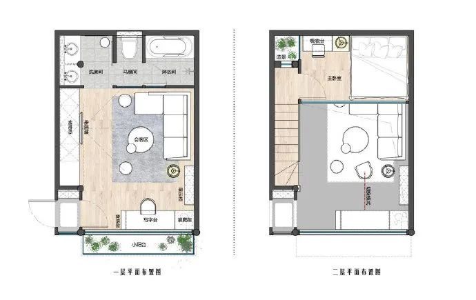 平面布置图先看看整体效果,一层为会客区,二层是卧室,大量的原木元素