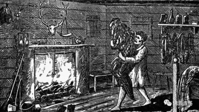 威廉·波特用毯子裹着女巫,企图烧死它(公有领域)