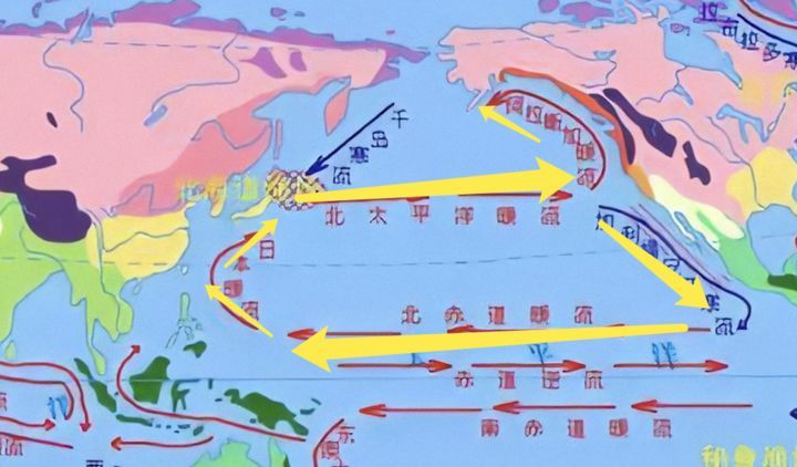 洋流难以大规模跨过这一级台阶,所以形成日本暖流,流向日本东海岸