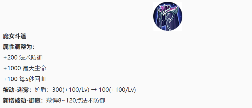同时魔抗装备魔女斗篷护盾减少,固定护盾减少,新增被动御魔,整体效果