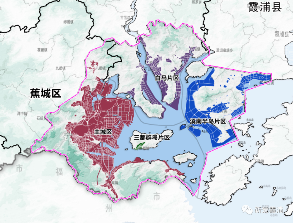 如图片所示,这是未来宁德的主城区,它环绕着整个三都澳,涉及到蕉城区