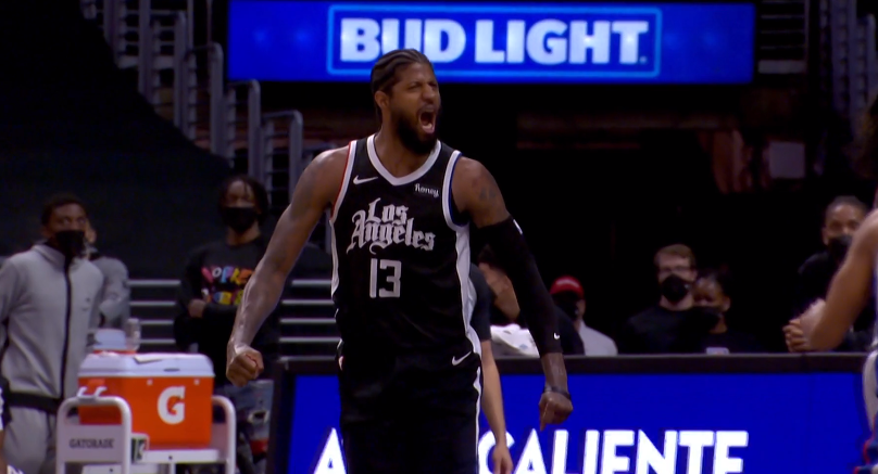 小卡轮休乔治连续30残忍隔扣怒吼庆祝朗多106助快船5连胜