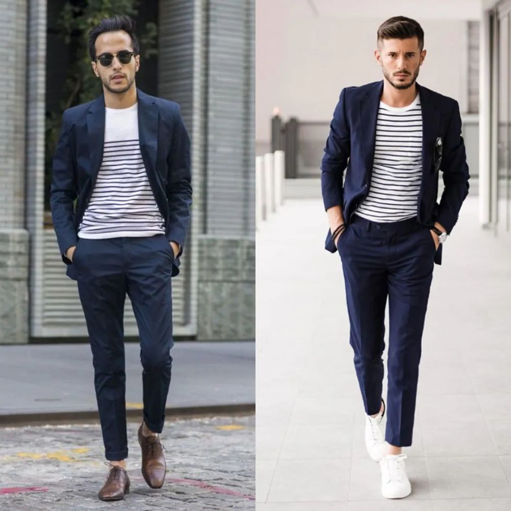 一般以衬衫和白t为主,其实用蓝白条的t恤搭配海军蓝西装,造型整体的