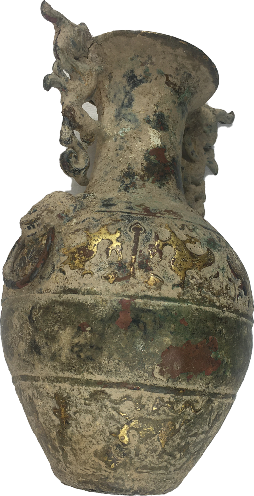 中国 古銅青銅 波文雙耳瓶 M R1834