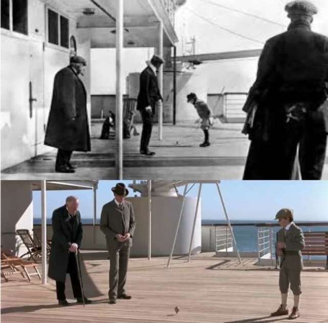 个男人看一个男孩在甲板上玩耍的场景,是真实照片的再现在电影的最后