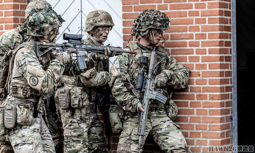 丹麦陆军城市作战演习全员配备瞄准镜中口径机枪伴随步兵行动