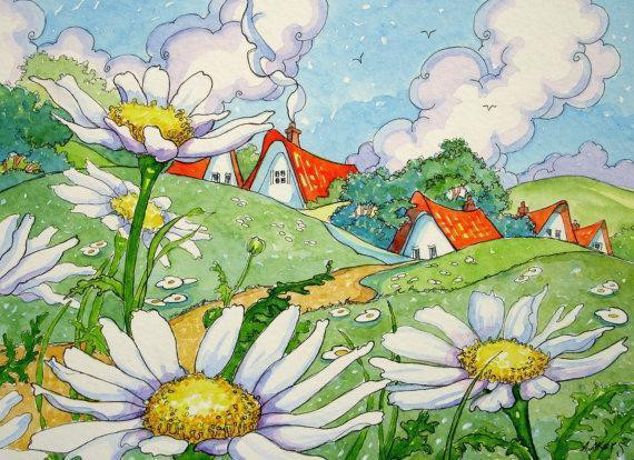 一组春天的童话世界水彩绘画