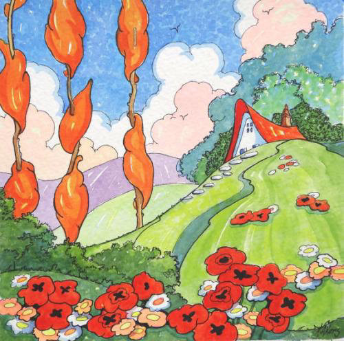 一组春天的童话世界水彩绘画