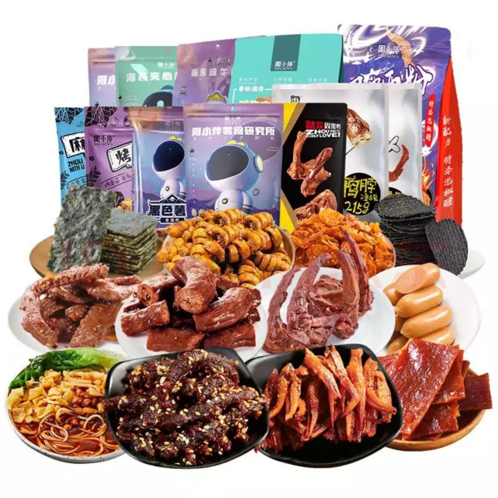 周黑鸭还有休闲零食:周小伴猪肉铺,周小伴牛肉条,周小伴烤面筋等