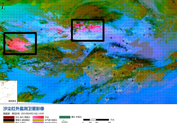 4月14日14:00沙尘红外监测卫星影像(图源:中国环境监测总站 未来