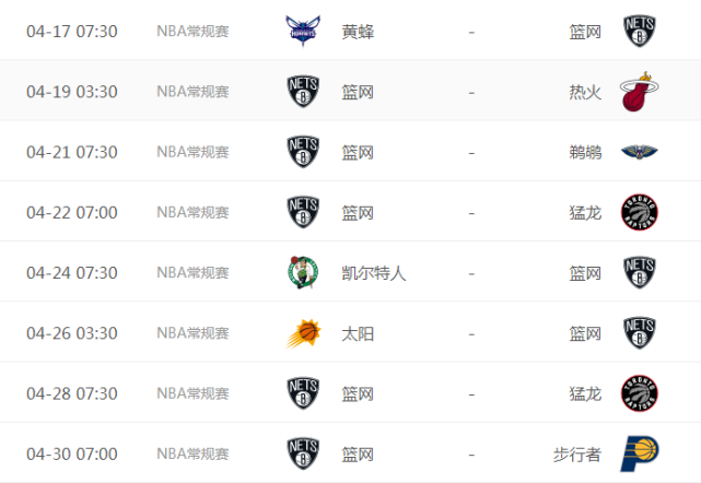 篮网4月剩余赛程