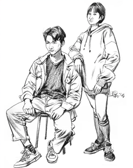 双人速写最基础的形式就是两个人,呈站姿或者坐姿的组合,而且两个人