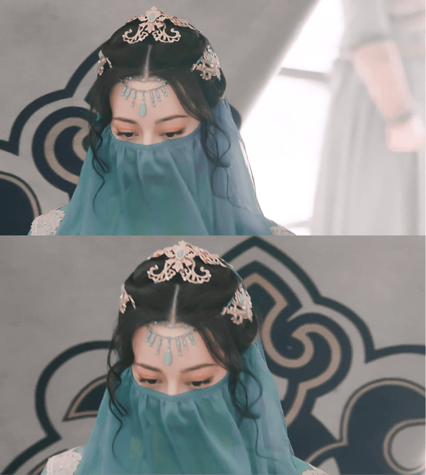 被涉尔识破女子身份的李长歌,身着蓝色裙装亮相于阿