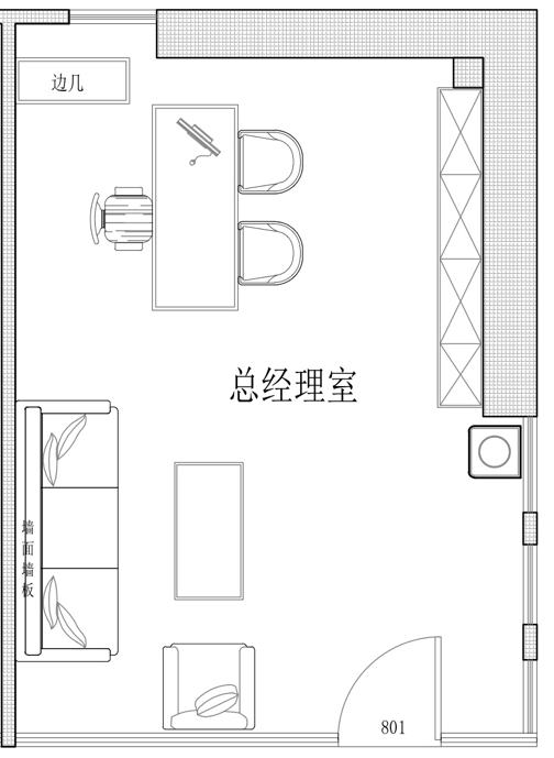 總經理室平面佈局圖總經理室原來是一個比較擁擠的辦公室,甚至堆滿