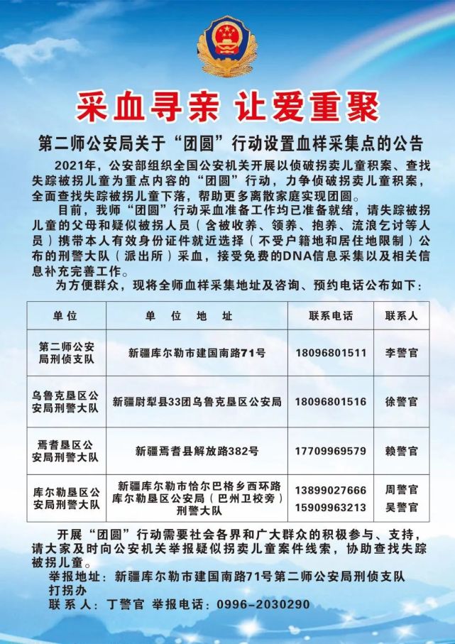 第二师公安局发布关于团圆行动设置血样采集点的公告