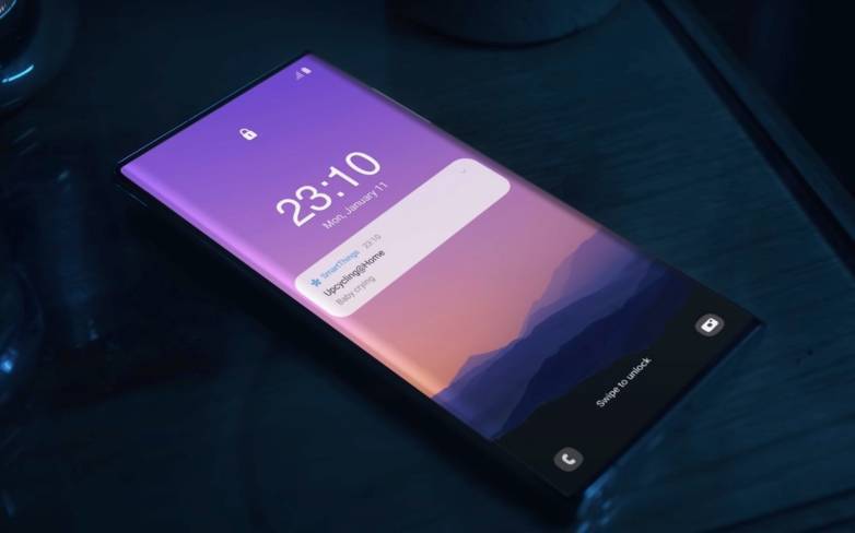 三星营销视频中展示的一款未命名的手机采用全屏显示,顶部缺少一个