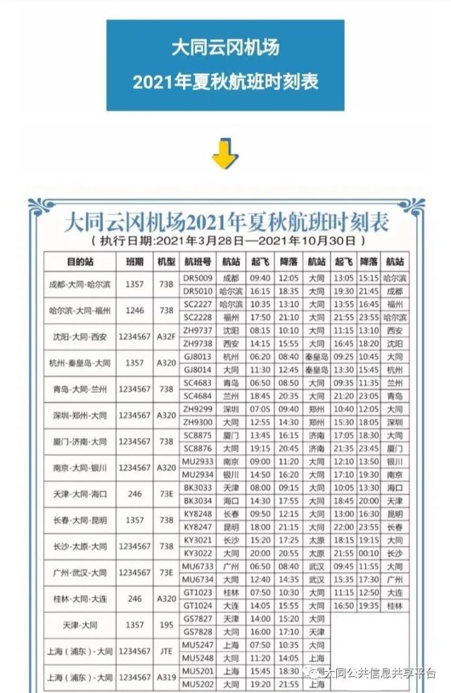 大同市2021年大同云冈机场夏秋航班时刻表
