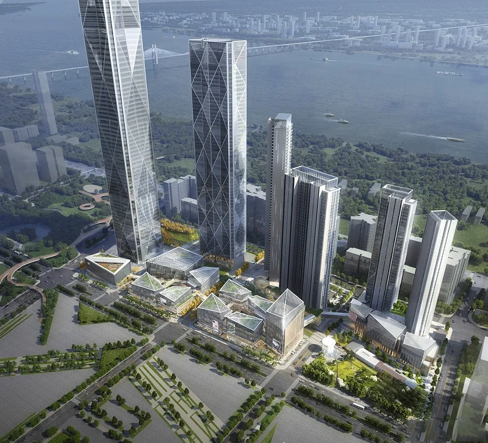 第二座综合功能大厦位于开发区的东部,并以类似的表达形式对武汉国华