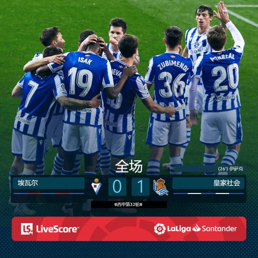 第32轮伊萨克一剑封喉皇家社会胜埃瓦尔跻身积分榜第五