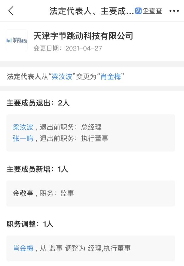 张一鸣,梁汝波退出天津字节跳动科技有限公司