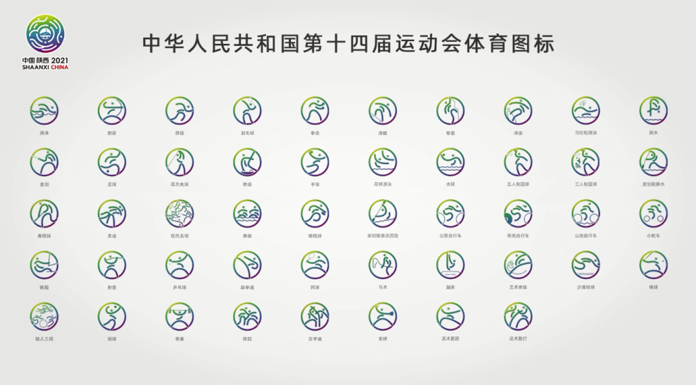 图标造型由圆环形内代表全运会各运动项目特征的运动人形共同构成