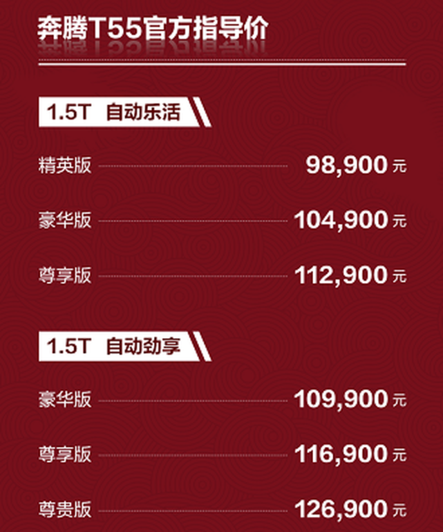 奔腾t55全系产品上市售价区间9891269万元