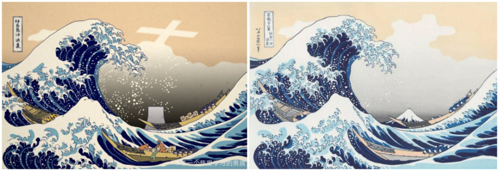 《神奈氚冲浪里》,并附文:"中国的插画师重新创作了日本画作《神奈川
