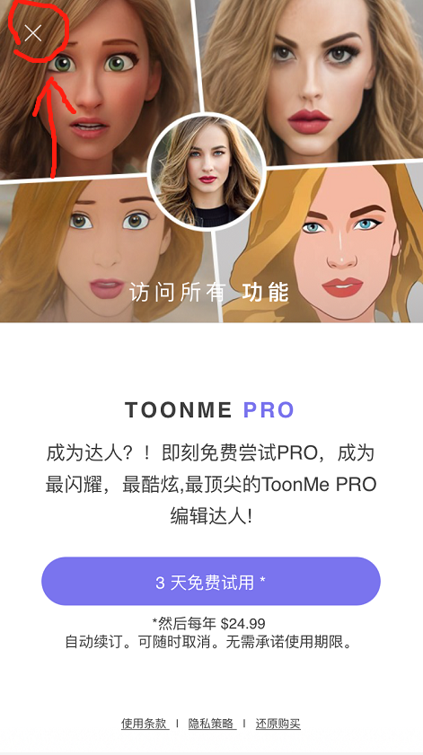 打开软件后发现需要购买 toonme pro 软件才能体验全部功能,很多小