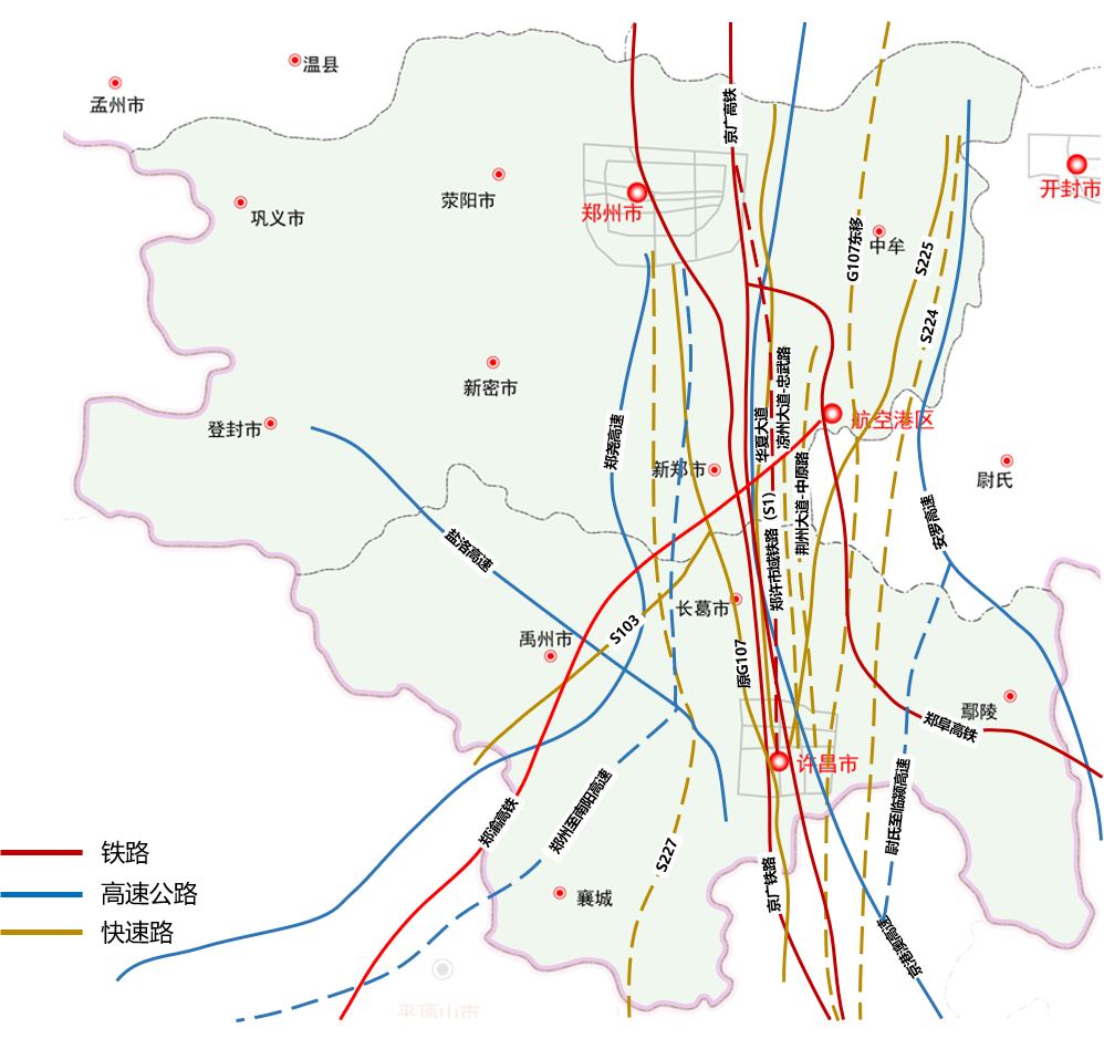 既有連霍高速和原g310,s315等3條,規劃鄭州至洛陽高速,沿黃公路(s312)