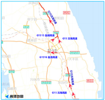 五一期间盐城市出程易拥堵缓行的高速主要是g15沈海高速,g1516盐洛