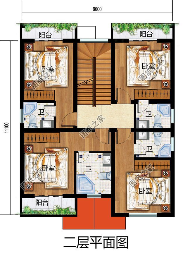 卫生间)x4,阳台一层户型:客厅,小厅,厨房,餐厅,卧室,卫生间;设计功能