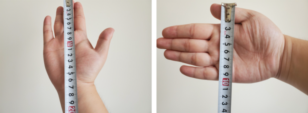 测量手掌大小的方法比较简单,将你的惯用手如下图平摊,五指自然并拢