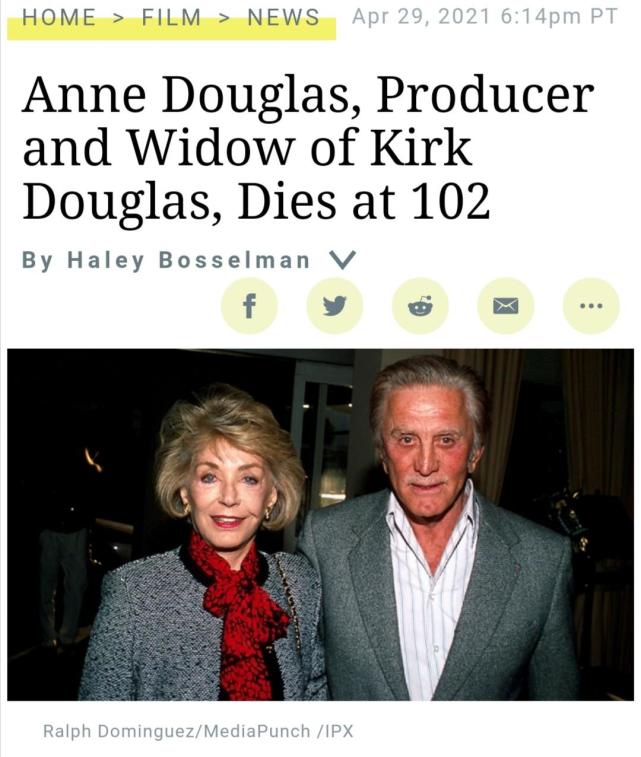 柯克道格拉斯102岁遗孀去世两人66年婚姻羡煞整个好莱坞